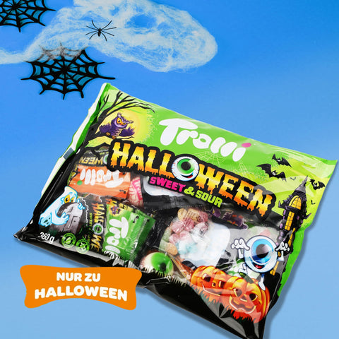 Trolli Halloween Sweet & Sour Großpackung 360g mit Halloween-Aufdruck auf blauem Hintergrund