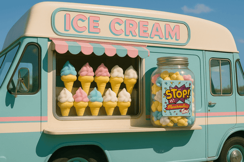 Ice Cream Truck mit bunten Mellow Mellow Marshmallow Eishörnchen
